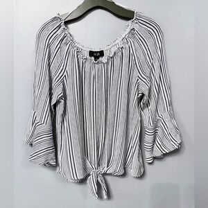#5)  AGB Black and White Striped Blouse with Tie-Front